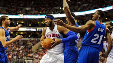Mar 29, 2014; Philadelphia, PA, USA; Detroit Pistons center Andre Drummond (0) battles for a rebound during the 1st quarter of the game against the Philadelphia 76ers at Wells Fargo Center. Mandatory Credit: John Geliebter-USA TODAY Sports