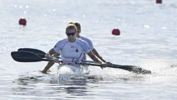 Hungary's Gabriella Szabo and Hungary's Danuta Kozak react after competing in the Women's Kayak Double (K2) 500m competition at the Lagoa Stadium during the Rio 2016 Olympic Games in Rio de Janeiro on August 15, 2016. / AFP / Damien MEYER (Photo credit should read DAMIEN MEYER/AFP/Getty Images)