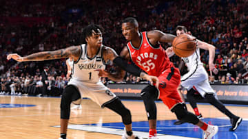 MONTREAL, QC - OCTOBER 10: D'Angelo Russell #1 of the Brooklyn Nets defends against Delon Wright #55 of the Toronto Raptors during the pre-season NBA game at the Bell Centre on October 10, 2018 in Montreal, Quebec, Canada. The Toronto Raptors defeated the Brooklyn Nets 118-91. NOTE TO USER: User expressly acknowledges and agrees that, by downloading and or using this photograph, User is consenting to the terms and conditions of the Getty Images License Agreement. (Photo by Minas Panagiotakis/Getty Images)