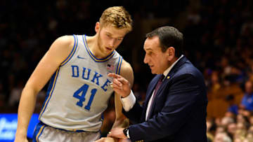 DURHAM, NORTH CAROLINA - NOVEMBER 08: Head coach Mike Krzyzewski talks with Jack White #41 of the Duke Blue Devils during the second half of their game against the Colorado State Rams at Cameron Indoor Stadium on November 08, 2019 in Durham, North Carolina. (Photo by Grant Halverson/Getty Images)