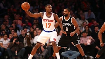 Apr 1, 2015; New York, NY, USA; New York Knicks small forward Cleanthony Early (17) controls the ball against Brooklyn Nets shooting guard Alan Anderson (6) during the first quarter at Madison Square Garden. Mandatory Credit: Brad Penner-USA TODAY Sports