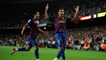 BARCELONA, SPAIN - AUGUST 29: Thiago Alcantara of FC Barcelona (R) celebrates with his teammate Pedro Rodriguez of FC Barcelona after scoring his first team's goal during the La Liga match between FC Barcelona and Villarreal CF at Camp Nou on August 29, 2011 in Barcelona, Spain. (Photo by David Ramos/Getty Images)