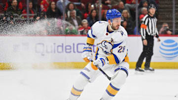 Jan 17, 2023; Chicago, Illinois, USA; Buffalo Sabres forward Zemgus Girgensons (28) skates against the Chicago Blackhawks at United Center. Mandatory Credit: Jamie Sabau-USA TODAY Sports