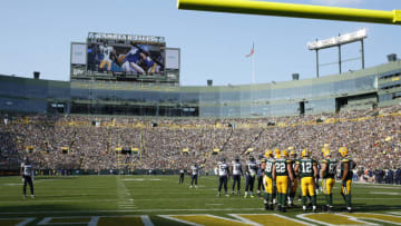 GREEN BAY, WI - SEPTEMBER 10: General view of the stadium and scoreboard as the Green Bay Packers prepare to huddle prior to the play during a game against the Seattle Seahawks at Lambeau Field on September 10, 2017 in Green Bay, Wisconsin. The Packers won 17-9. (Photo by Joe Robbins/Getty Images) *** Local Caption ***