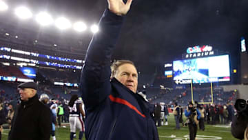 FOXBOROUGH, MA - JANUARY 13: Head cocah Bill Belichick of the New England Patriots reacts after winning the AFC Divisional Playoff game against the Tennessee Titans at Gillette Stadium on January 13, 2018 in Foxborough, Massachusetts. (Photo by Jim Rogash/Getty Images)