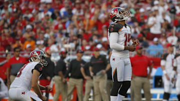 Sep 25, 2016; Tampa, FL, USA; Tampa Bay Buccaneers kicker Roberto Aguayo (19) reacts after he missed a field goal against the Los Angeles Rams during the second half at Raymond James Stadium. Mandatory Credit: Kim Klement-USA TODAY Sports