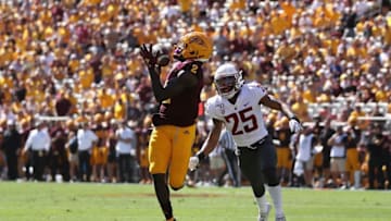 TEMPE, ARIZONA - OCTOBER 12: Wide receiver Brandon Aiyuk #2 of the Arizona State Sun Devils catches a 40 yard touchdown reception past safety Skyler Thomas #25 of the Washington State Cougars during the first half of the NCAAF game at Sun Devil Stadium on October 12, 2019 in Tempe, Arizona. (Photo by Christian Petersen/Getty Images)