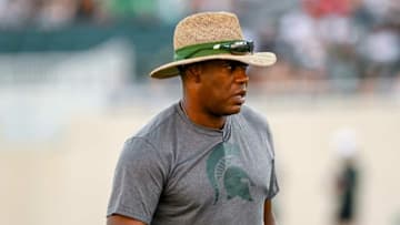 Michigan State's head coach Mel Tucker looks on during the Meet the Spartans open practice on Monday, Aug. 23, 2021, at Spartan Stadium in East Lansing.210823 Meet The Spartans Football 076a