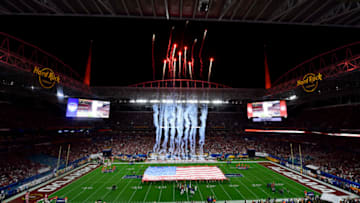 Dec 29, 2018; Miami Gardens, FL, USA; A general view of of Hard Rock Stadium during the national anthem prior to the 2018 Orange Bowl college football playoff semifinal game against the Oklahoma Sooners and the Alabama Crimson Tide. Mandatory Credit: Tommy Gilligan-USA TODAY Sports