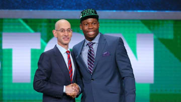 Jun 23, 2016; New York, NY, USA; Guerschon Yabusele greets NBA commissioner Adam Silver after being selected as the number sixteen overall pick to the Boston Celtics in the first round of the 2016 NBA Draft at Barclays Center. Mandatory Credit: Brad Penner-USA TODAY Sports