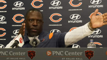 Jul 30, 2022; Lake Forest Illinois, US; Chicago Bears defensive coordinator Alan Williams answers questions after training camp at Halas Hall. Mandatory Credit: David Banks-USA TODAY Sports