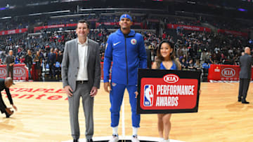 LOS ANGELES, CA - DECEMBER 8: Tobias Harris #34 of the LA Clippers gets the KIA Performance Award before the game against the Miami Heat on December 8, 2018 at STAPLES Center in Los Angeles, California. NOTE TO USER: User expressly acknowledges and agrees that, by downloading and/or using this Photograph, user is consenting to the terms and conditions of the Getty Images License Agreement. Mandatory Copyright Notice: Copyright 2018 NBAE (Photo by Adam Pantozzi/NBAE via Getty Images)