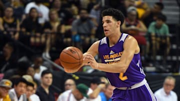 LAS VEGAS, NV - JULY 15: Lonzo Ball #2 of the Los Angeles Lakers passes the ball up the court against the Brooklyn Nets during the 2017 Summer League at the Thomas & Mack Center on July 15, 2017 in Las Vegas, Nevada. Los Angeles won 115-106. NOTE TO USER: User expressly acknowledges and agrees that, by downloading and or using this photograph, User is consenting to the terms and conditions of the Getty Images License Agreement. (Photo by Ethan Miller/Getty Images)
