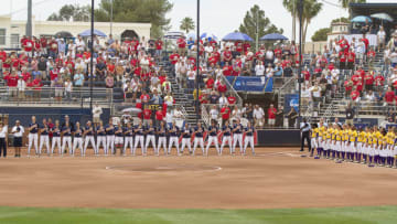 TUCSON, AZ - MAY 18: The LSU Tigers and Arizona Wildcats prior to their game in the Tucson Regional of the 2014 NCAA Softball Tournament at Hillenbrand Memorial Stadium on May 18, 2014 in Tucson, Arizona. (Photo by Jacob Funk/J and L Photography/Getty Images )