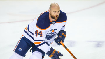 Mar 26, 2022; Calgary, Alberta, CAN; Edmonton Oilers right wing Zack Kassian (44) skates during the warmup period against the Calgary Flames at Scotiabank Saddledome. Mandatory Credit: Sergei Belski-USA TODAY Sports