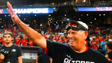 ATLANTA, GA - SEP 20: Manager Brian Snitker waves at the conclusion of an MLB game against the San Francisco Giants in which they clinched the N.L. East at SunTrust Park on September 20, 2019 in Atlanta, Georgia. (Photo by Todd Kirkland/Getty Images)
