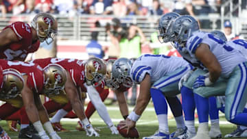 August 23, 2015; Santa Clara, CA, USA; General view of the line of scrimmage during the first quarter between the San Francisco 49ers and the Dallas Cowboys at Levi