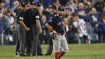 LOS ANGELES, CA - OCTOBER 26: Ian Kinsler #5 of the Boston Red Sox reacts during the thirteenth inning against the Los Angeles Dodgers in Game Three of the 2018 World Series at Dodger Stadium on October 26, 2018 in Los Angeles, California. (Photo by Kevork Djansezian/Getty Images)