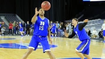 Mar 26, 2015; Houston, TX, USA; Duke Blue Devils center Jahlil Okafor (15) during practice the day before the semifinals of the south regional of the 2015 NCAA Tournament at NRG Stadium. Mandatory Credit: Kevin Jairaj-USA TODAY Sports