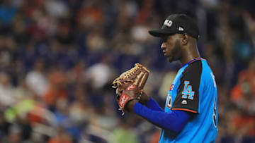 MIAMI, FL - JULY 09: Yadier Alvarez #99 of the Los Angeles Dodgers and the World Team prepares to deliver the pitch against the U.S. Team during the SiriusXM All-Star Futures Game at Marlins Park on July 9, 2017 in Miami, Florida. (Photo by Mike Ehrmann/Getty Images)
