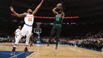NEW YORK, NY FEBRUARY 1: Kyrie Irving #11 of the Boston Celtics shoots the ball against the New York Knicks on February 1, 2019 at Madison Square Garden in New York City, New York. NOTE TO USER: User expressly acknowledges and agrees that, by downloading and or using this photograph, User is consenting to the terms and conditions of the Getty Images License Agreement. Mandatory Copyright Notice: Copyright 2019 NBAE (Photo by Nathaniel S. Butler/NBAE via Getty Images)