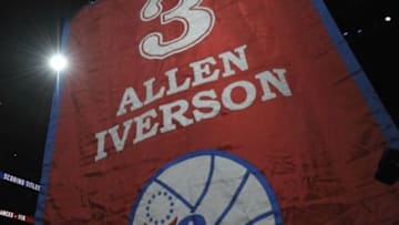 Mar 1, 2014; Philadelphia, PA, USA; A banner with the jersey number of Philadelphia 76ers former guard Allen Iverson is raised to the rafters during a ceremony at halftime of game between the 76ers and Washington Wizards at Wells Fargo Center. Mandatory Credit: Eric Hartline-USA TODAY Sports