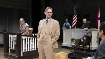 Courtroom Scene A – (l to r) Arianna Gayle Stucki (“Mayella Ewell”), RichardThomas (“Atticus Finch”), Stephen Elrod (“Bailiff”), Richard Poe (“Judge Taylor”),Greg Wood (“Mr. Roscoe”) and Joey Collins (“Bob Ewell”). Photo by Julieta Cervantes photo provided by Dr. Phillips Center