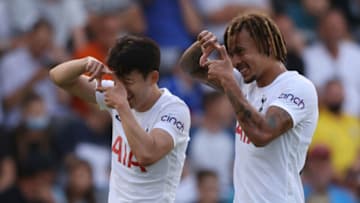 COLCHESTER, ENGLAND - JULY 21: Son Heung-Min of Tottenham Hotspur celebrates after scoring their team's first goal with Dele Alli during the Pre-Season Friendly match between Colchester United and Tottenham Hotspur at JobServe Community Stadium on July 21, 2021 in Colchester, England. (Photo by Paul Harding/Getty Images)