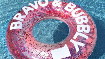 Discover Pool Candy's Bravo & Bubbly pink sparkly pool float available on Amazon.