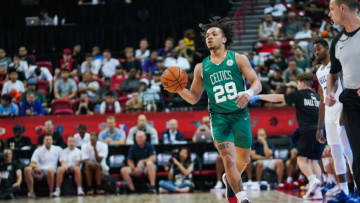 LAS VEGAS, NEVADA - JULY 06: Carsen Edwards #29 of the Boston Celtics handles the ball during a game against the Philadelphia 76ers on July 06, 2019 in Las Vegas, Nevada. (Photo by Cassy Athena/Getty Images)