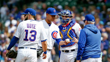 CHICAGO, ILLINOIS - JUNE 06: Jose Quintana #62 of the Chicago Cubs is removed by manager Joe Maddon, during the seventh inning against the Colorado Rockies at Wrigley Field on June 06, 2019 in Chicago, Illinois. (Photo by Nuccio DiNuzzo/Getty Images)