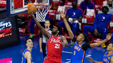 Philadelphia 76ers center Joel Embiid (21) scores past OKC Thunder center Moses Brown (9): Bill Streicher-USA TODAY Sports