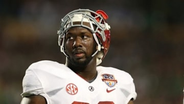 Jan 7, 2013; Miami, FL, USA; Alabama Crimson Tide defensive lineman Quinton Dial (90) prior to the game against the Notre Dame Fighting Irish during the 2013 BCS Championship game at Sun Life Stadium. Alabama won 42-14. Mandatory Credit: Matthew Emmons-USA TODAY Sports