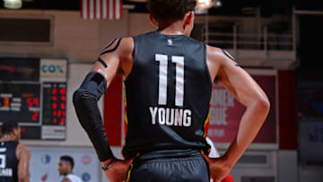 LAS VEGAS, NV - JULY 10: Trae Young #11 of the Atlanta Hawks looks on during the game against the Chicago Bulls during the 2018 Las Vegas Summer League on July 10, 2018 at the Cox Pavilion in Las Vegas, Nevada. NOTE TO USER: User expressly acknowledges and agrees that, by downloading and/or using this Photograph, user is consenting to the terms and conditions of the Getty Images License Agreement. Mandatory Copyright Notice: Copyright 2018 NBAE (Photo by Bart Young/NBAE via Getty Images)