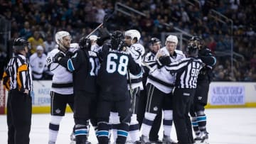 Jan 24, 2016; San Jose, CA, USA; San Jose Sharks and Los Angeles Kings players in an altercation during the second period at SAP Center at San Jose. Mandatory Credit: Kelley L Cox-USA TODAY Sports