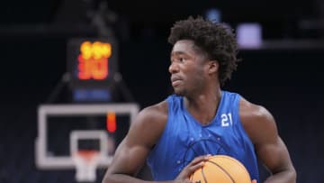 March 23, 2022; San Francisco, CA, USA; Duke Blue Devils forward AJ Griffin (21) drives to the basket during practice day of the NCAA Tournament West Regional at Chase Center. Mandatory Credit: Kelley L Cox-USA TODAY Sports