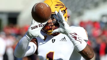 TUCSON, AZ - NOVEMBER 24: Wide receiver N'Keal Harry #1 of the Arizona State Sun Devils warms up prior to a game against the Arizona Wildcats at Arizona Stadium on November 24, 2018 in Tucson, Arizona. (Photo by Ralph Freso/Getty Images)