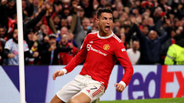 MANCHESTER, ENGLAND - OCTOBER 20: Cristiano Ronaldo of Manchester United celebrates after scoring their side's third goal during the UEFA Champions League group F match between Manchester United and Atalanta at Old Trafford on October 20, 2021 in Manchester, England. (Photo by Naomi Baker/Getty Images)