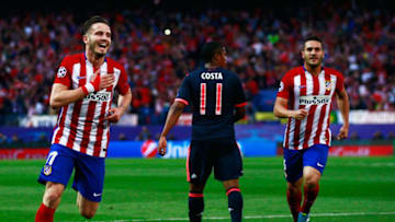 MADRID, SPAIN - APRIL 27: Saul Niguez of Atletico Madrid (17) celebrates with Koke of Atletico Madrid as he scores their first goal during the UEFA Champions League semi final first leg match between Club Atletico de Madrid and FC Bayern Muenchen at Vincente Calderon on April 27, 2016 in Madrid, Spain. (Photo by Gonzalo Arroyo Moreno/Getty Images)