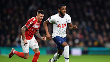 LONDON, ENGLAND - JANUARY 14: The shirt of Japhet Tanganga of Tottenham Hotspur tackles with Marvin Johnson of Middlesbrough the FA Cup Third Round Replay match between Tottenham Hotspur and Middlesbrough FC at Tottenham Hotspur Stadium on January 14, 2020 in London, England. (Photo by Justin Setterfield/Getty Images)