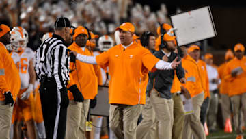 COLUMBIA, MISSOURI - NOVEMBER 23: Head coach Jeremy Pruitt of the Tennessee Volunteers talks to an official during a game against the Missouri Tigers in the second quarter at Faurot Field/Memorial Stadium on November 23, 2019 in Columbia, Missouri. (Photo by Ed Zurga/Getty Images)