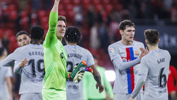 Marc-Andre ter Stegen celebrates after winning the match between Athletic Bilbao and Barcelona at San Mames Stadium in Bilbao, Spain on March 12, 2023. (Photo by Pablo Garcia Sacristan/Anadolu Agency via Getty Images)