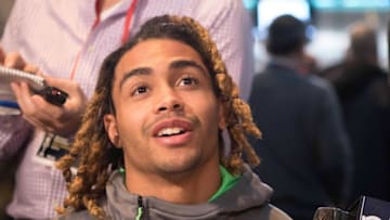 Feb 25, 2016; Indianapolis, IN, USA; Notre Dame wide receiver Will Fuller speaks to the media during the 2016 NFL Scouting Combine at Lucas Oil Stadium. Mandatory Credit: Trevor Ruszkowski-USA TODAY Sports
