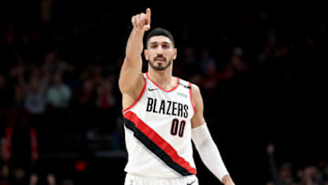 PORTLAND, OR - MARCH 25: Enes Kanter #00 of the Portland Trail Blazers reacts after making a three point basket in the third quarter against the Brooklyn Nets during their game at Moda Center on March 25, 2019 in Portland, Oregon. NOTE TO USER: User expressly acknowledges and agrees that, by downloading and or using this photograph, User is consenting to the terms and conditions of the Getty Images License Agreement. (Photo by Abbie Parr/Getty Images)