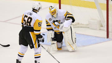 Nov 16, 2016; Washington, DC, USA; Pittsburgh Penguins goalie Marc-Andre Fleury (29) kneels on the ice after giving up a goal to Washington Capitals center Nicklas Backstrom (not pictured) in the third period at Verizon Center. The Capitals won 7-1. Mandatory Credit: Geoff Burke-USA TODAY Sports