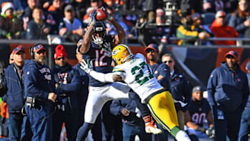CHICAGO, IL - DECEMBER 16: Allen Robinson #12 of the Chicago Bears catches a pass against Josh Jones #27 of the Green Bay Packers in the first quarter at Soldier Field on December 16, 2018 in Chicago, Illinois. (Photo by Stacy Revere/Getty Images)