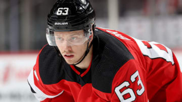 Jesper Bratt #63 of the New Jersey Devils waits for the face off against the Minnesota Wild at Prudential Center on November 24, 2021 in Newark, New Jersey. (Photo by Elsa/Getty Images)