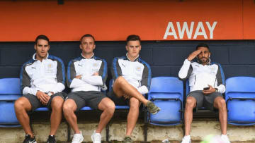 LUTON, ENGLAND - JULY 26: Matty James, Andy King, Tom Lawrence and Riyad Mahrez of Leicester City look on before the pre-season friendly match between Luton Town and Leicester City at Kenilworth Road on July 26, 2017 in Luton, England. (Photo by Michael Regan/Getty Images)