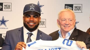 Apr 29, 2016; Irving, TX, USA; Dallas Cowboys number one draft pick Ezekiel Elliott poses for a photo with owner Jerry Jones at Dallas Cowboys Headquarters Mandatory Credit: Matthew Emmons-USA TODAY Sports