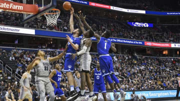 WASHINGTON, D.C. - MARCH 7: Seton Hall Pirates forward Sandro Mamukelashvili (23) rebounds a ball in front of Georgetown Hoyas forward Josh LeBlanc (23) on March 2, 2019, at the Capital One Arena in Washington, DC. (Photo by Mark Goldman/Icon Sportswire via Getty Images)